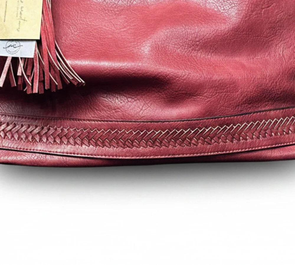 Rich Red Leather Hobo Bag with Braided Trim & Tassel Detail